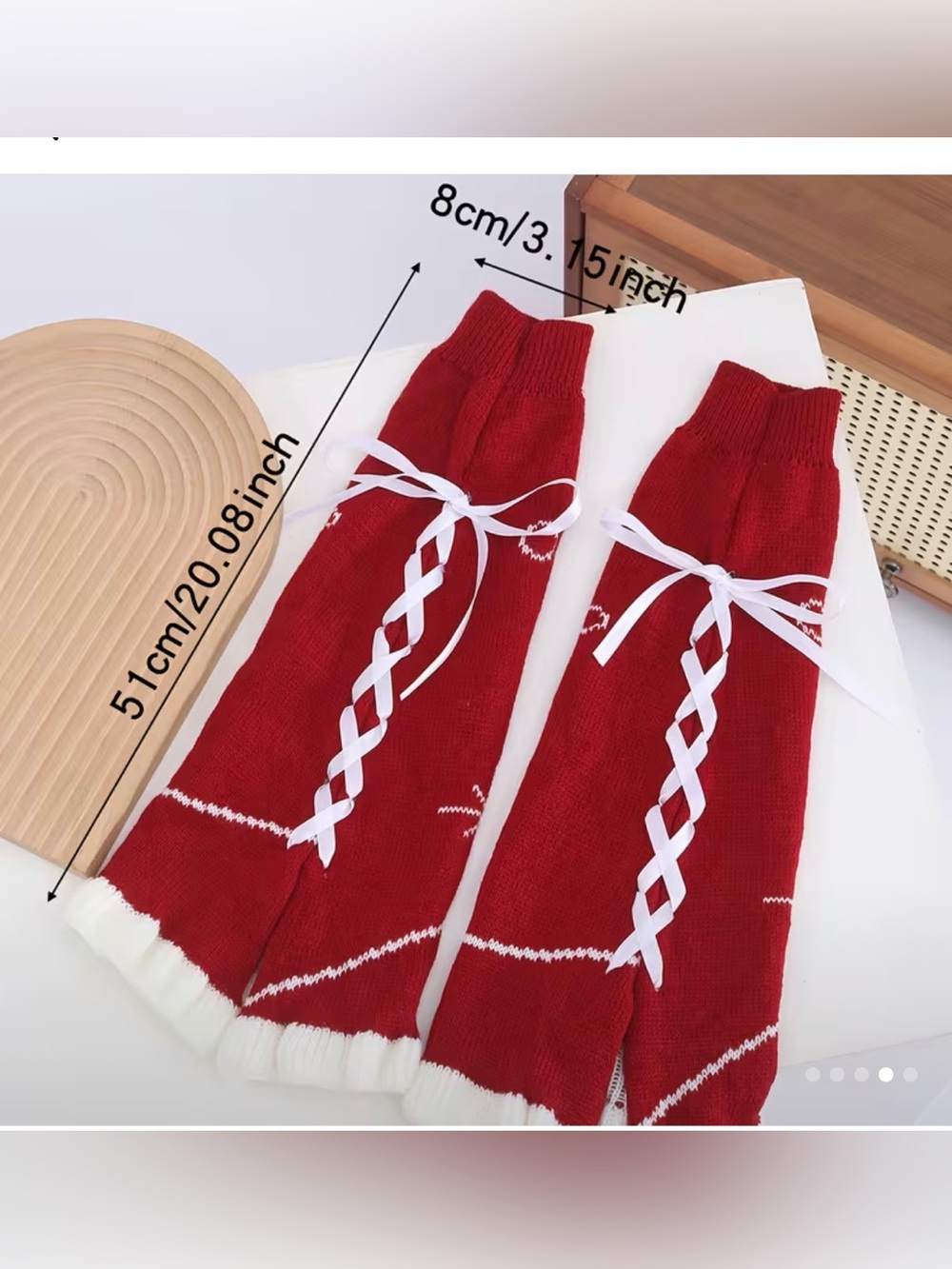 Red Lace-Up Knee-High Knit Leg Warmers with White Ribbon - Picture 5 of 10